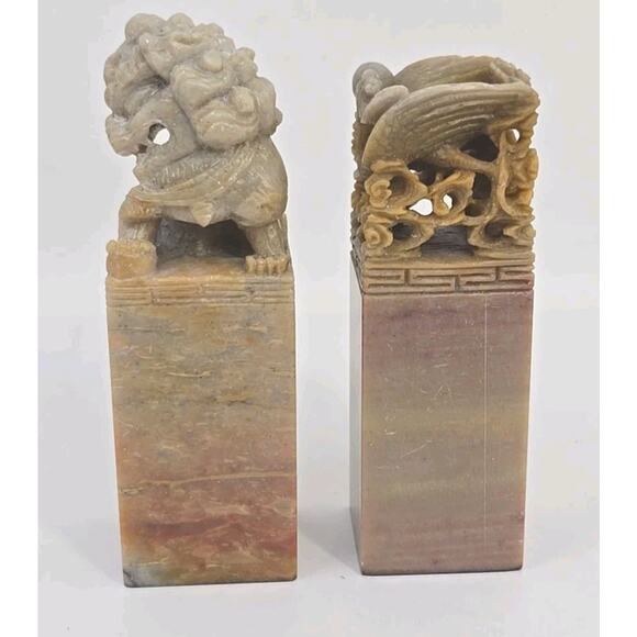 Vtg Asian Stone Carved Dragon Chops / Stamps Etched Scenes Ink Lot U133 main image 13